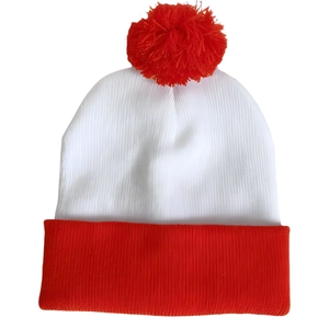 Unisex red and white striped knit Christmas beanie with a plush pom-pom on plain background