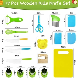 Detailed size specifications for 17-piece wooden and plastic kids kitchen knife set