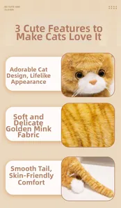 Detail of soft orange tabby cat plush toy featuring realistic fur texture and pink nose