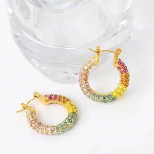 Rainbow crystal hoop earrings with 18K gold plating featuring multi-color rhinestones