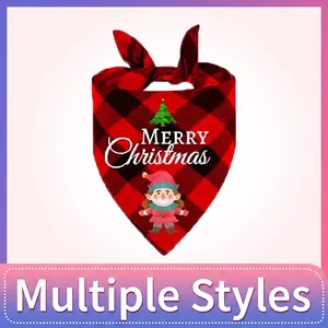 Detail of red and black buffalo plaid pet Christmas bandana with festive print