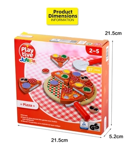Detailed view of wooden pizza toy set packaging with 21.5cm x 21.5cm size specifications