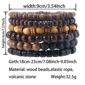 Detailed size specifications for multi-layer handmade wood and volcanic stone bead bracelet
