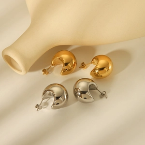 Minimalist gold and silver hollow C-shaped teardrop earrings in polished stainless steel