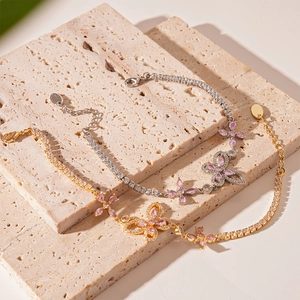Elegant zircon butterfly and flower bracelet in gold and silver plating for women