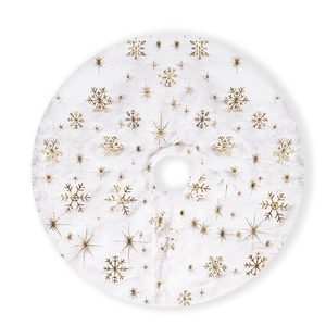 White plush Christmas tree skirt with gold snowflake patterns, minimalist top view