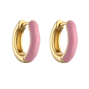 Close-up of pink enamel candy color earrings with gold plating and C-shape design