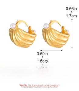 Macro detail of golden basket shell earrings with white pearls including dimensions and specs