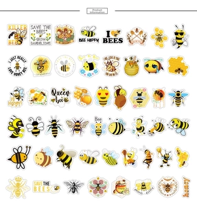 Detailed grid view of assorted bee themed waterproof stickers with honey and hive designs