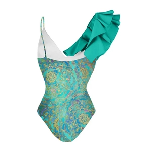 One-shoulder mandala print swimsuit with large ruffles and ethnic pattern details