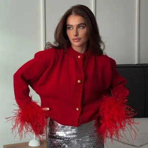 Damen Strickjacke Mit Federmanschetten Goldknöpfe Langarm Locker Sitzende Elegante Strickwaren