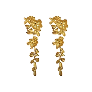 Elegant gold floral drop earrings with a vintage matte finish on white background