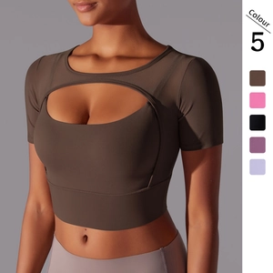 Women Sexy Mesh Splicing Yoga Top Tight Double Layer Gym Fitness Running Short Sleeve Cut Out Pullover Workout Crop Top