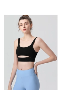 Détail du soutien-gorge de sport noir à maintien élevé avec découpe et dos nageur