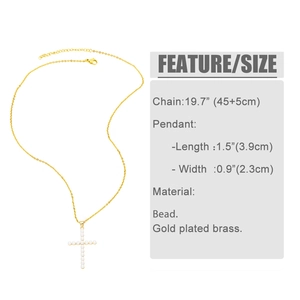 Detail showing pearl-inlaid gold cross pendant and necklace chain measurements