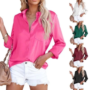 Chemise élégante en satin à col en V pour femmes disponible en cinq couleurs chic