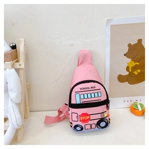 Detailed close-up of a pink cartoon school bus chest bag with adjustable straps