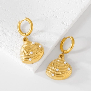 Classic 18K gold stainless steel earrings featuring shell texture and small pearls