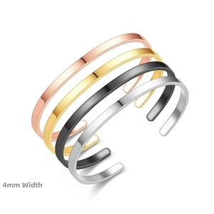 Detail view of 4mm stainless steel cuff bracelets in rose gold, gold, black, and silver