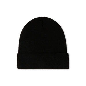Detail of black cuffed knit beanie showing fine vertical ribbed texture and warm material