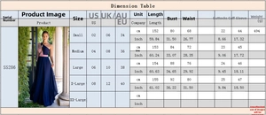 Tableau des tailles détaillé pour robe de soirée avec mesures de buste et de taille