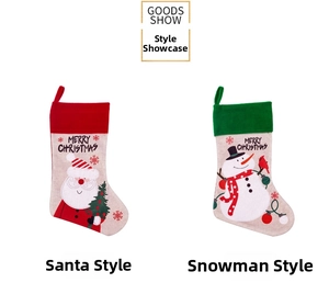 Detail of Christmas stockings featuring Santa and Snowman designs with hanging loops