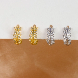 Olive leaf hoop earrings with crystals in gold and silver finishes, wheat spike design