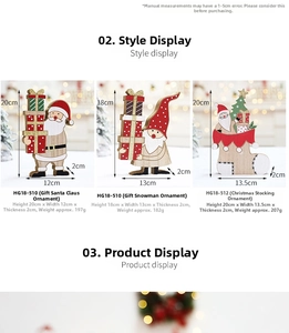 Detailed dimensions of wooden Christmas desktop ornaments featuring Santa and Snowman