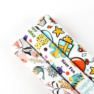 Three rolls of cartoon animal and floral birthday gift wrapping paper for kids