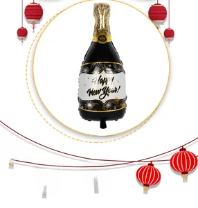 Ballon champagne en aluminium pour Nouvel An, décor festif noir et or de 103x49cm