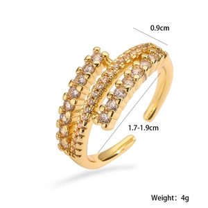 Detail view of gold geometric open ring with cubic zirconia including size and weight specs