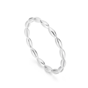 Minimalist silver stainless steel beaded ring with polished oval beads on white background