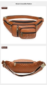 Detailed front and back views of brown crocodile pattern waist bag with multi-zipper pockets