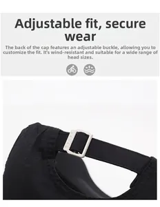 Detail of adjustable metal buckle on black baseball cap for a secure and custom fit