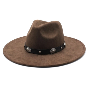 Classic dark brown wide brim western fedora with leather band and silver concho accents