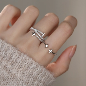 S925 Sterling Silver Four-Pointed Star Open Ring Micro-Inlaid Zirconia Adjustable Women Fashion Finger Ring Jewelry Gift