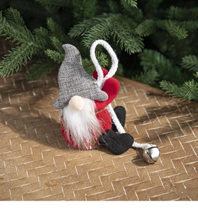 Christmas gnome ornament with gray hat, red heart, and a small silver bell detail