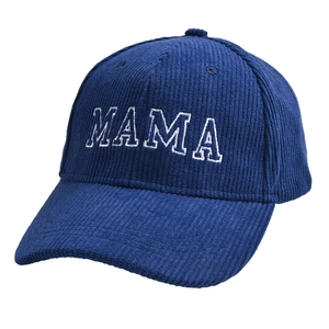 Detail of navy corduroy baseball cap featuring white MAMA embroidery and ribbed texture