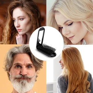 Collage showing a portable black folding hairbrush with mirror suitable for all hair types