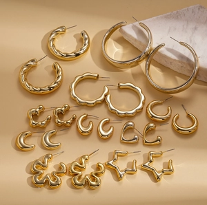 20-piece gold earring set with flower star and C-shape geometric minimalist studs