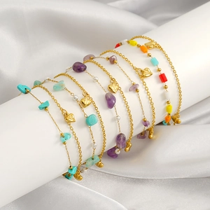 Bohemian Layered Bracelet Anklet For Women 18K Gold Plated Stainless Steel Heart Charms Natural Gemstones Artificial Pearls