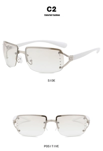 Front and side views of rimless Y2K sunglasses with decorative rhinestones and white arms