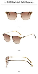 Three-view layout of retro semi-rimless sunglasses in hawksbill gold and brown finish