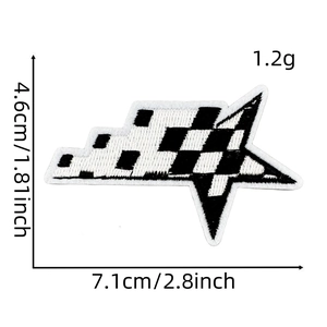 Detailed dimensions of checkered racing star embroidery patch showing width and height