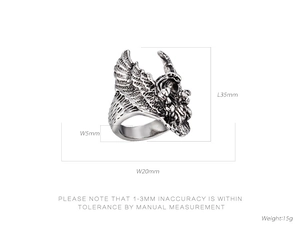 Detailed technical diagram of eagle head ring with 35mm length and 15g weight specs