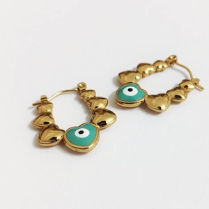 Elegant gold stainless steel heart hoop earrings with turquoise evil eye pendants