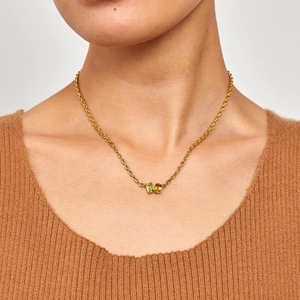 Minimalist 18k gold plated choker with green rectangle and orange oval gemstones