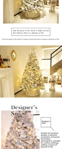 Detail of decorated white Christmas tree with silver bows and warm LED lights