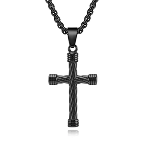 Black twisted texture stainless steel cross pendant necklace for men on white background