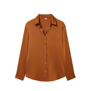 Elegant rust brown satin button-up long sleeve shirt for women in a sleek studio flat lay